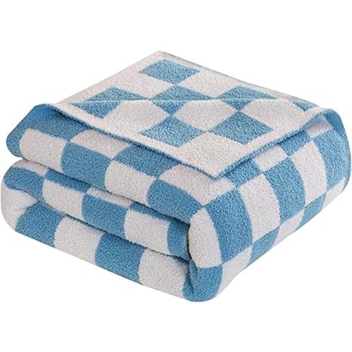 Elegant Comfort Checkered Throw Blanket, Aqua Super Soft Cozy Fluffy Warm Throw Blankets for Couch, Sofa, Chair, Bed, Camping, Picnic, Travel Lightweight Bed Blanket (50" x 70")