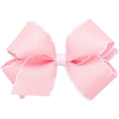 Wee Ones Girls' Classic Moonstitch Hair Bows on a WeeStay Clip with Plain Wrap, Medium, Contrasting, Light Pink w/White Stitching