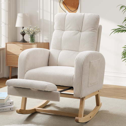 FFH Rocking Chair with Footrest, Rocking Chair for Nursey, Corduroy Armchair with High Backrest and Side Pockets, Accent Chair for Living Room, Bedroom, Beige