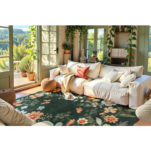 Flore Boho Modern Parisian Floral Navy Blue Area Rug - Lahome