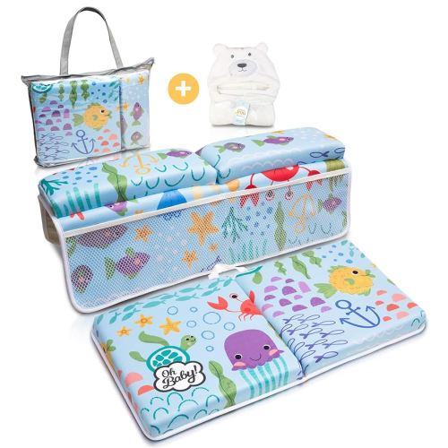 Bath Kneeler and Elbow Rest Pad Set - Includes Hooded Baby Towel, Baby Bath Cushion with 1.5" Neoprene Padding, 8 Suction Cups - Bath Tub Kneeler and Elbow Rest, 4 Mesh Pockets for Bath Essentials
