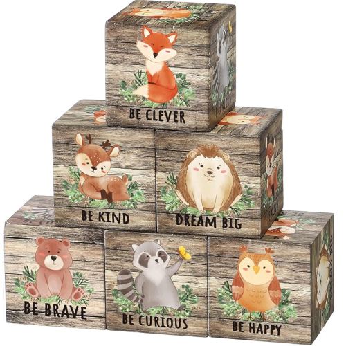 6 Pcs 1.6 Inch Inspirational Woodland Nursery Decor Animals Wall Decor Stuff Wooden Forest Animals Bear Raccoon Lion Fox Block Safari Creature Table Decoration (Brown)