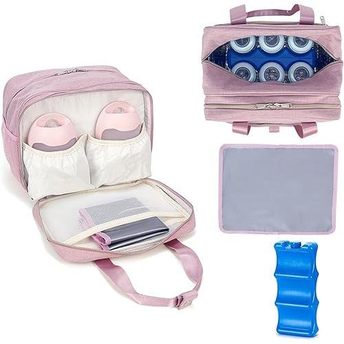 Breastmilk Cooler Bag with Ice Pack,Fits 6 Baby Bottles Up to 9 Ounce Breast Milk Cooler Travel Bag Compatible with Wearable Breast Pumps & Accessories for Nursing Mom Daycare Pink