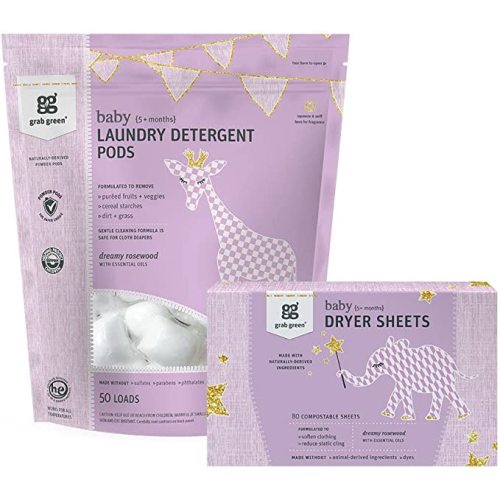 Grab Green Baby Laundry Detergent Pods and Dryer Sheets Bundle, 50 Count Pods and 80 Dryer Sheets, Dreamy Rosewood Scent, Plant and Mineral Based Laundry Care Set - Dreamy Rosewood (50 Count - 80 Sheets)