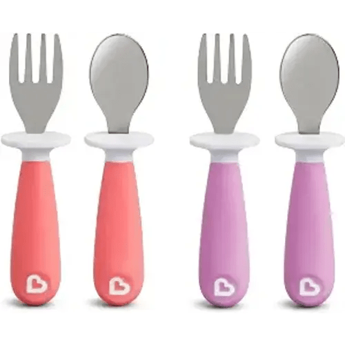 Munchkin® Raise™ Toddler Fork and Spoon Utensil Set, Rest Keeps Tip Off Table, BPA Free, 4 Pack, Pink/Purple
