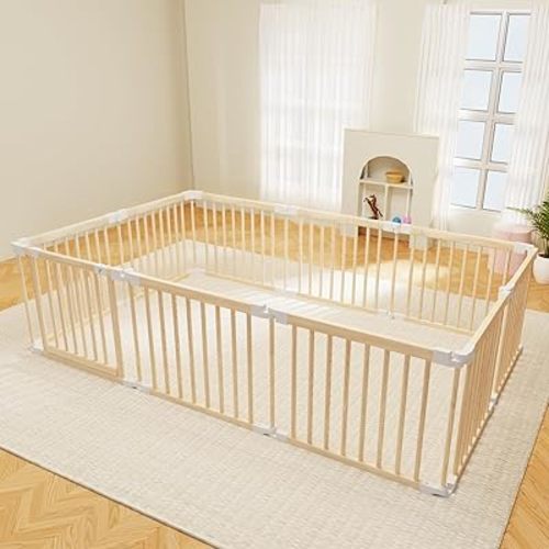 Baby Playpen, Foldable Wooden Play Yard with Gate, Playpen for Babies and Toddlers, Adjustable Baby Activity Center with Child Proof Lock, Fence Play Area for Toddlers 6 to 36 months(56*83*24inch)