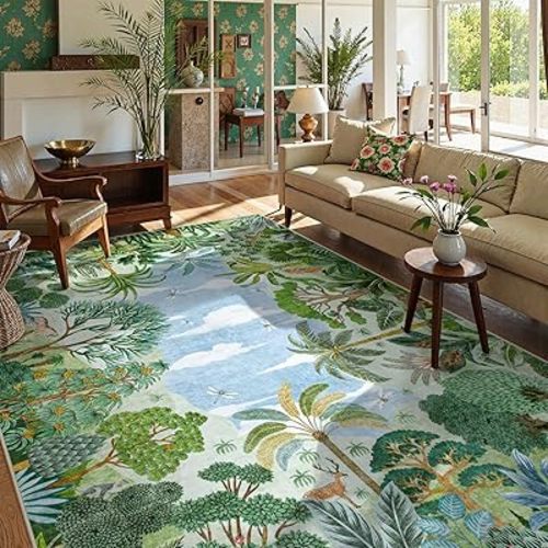 Lahome Summer Jungle Washable Rugs 9x12 Large Living Room Rug Green Forest Bedroom Carpet, Soft Dining Room Carpet for Under Table Non Slip Non Shedding Floor Mat for Classroom Office Room Decor