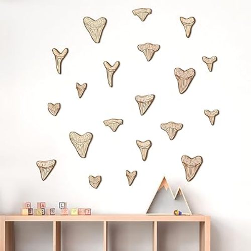 20 Pcs Wooden Shark Teeth Nursery Wall Decor Shark Tooth Wall Art Baby Room Nursery Decor Megalodon Beach House Decoration for Boys Kids Room Bathroom Bedroom Lover Gift