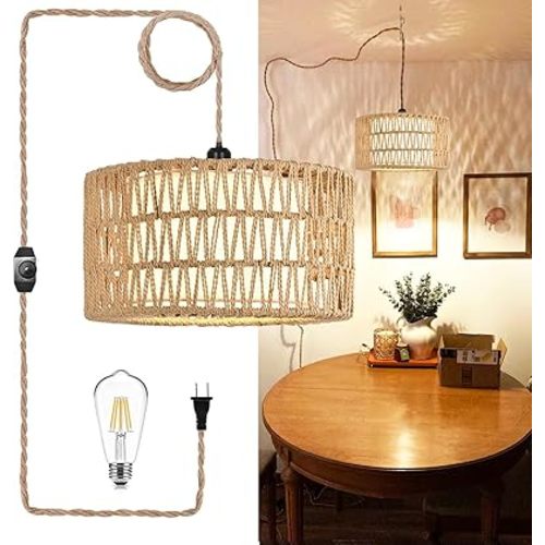 Plug in Pendant Light Hanging Lights with Plug in Cord Hanging Lamp Rattan Boho Dimmable,Wicker Bamboo Woven Lamp Shade,Hemp Rope Plug in Ceiling Light Fixture for Living Room,Bedroom,Kitchen