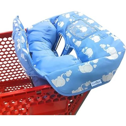 Soft Pillow Attached 2-in-1 Shopping Cart and High Chair Cover for Baby, Cotton Padded Cart Cover, Fold'n Roll Style, Portable with Carry Bag (Blue)