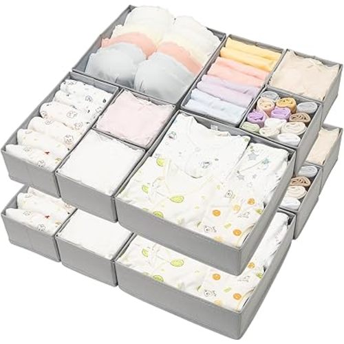 Clothing Drawer Organizer, 16 Pieces, Drawer Storage Organizer for Baby Clothes, Swimwear, Underwear, Socks, Bras (Gray)