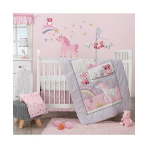 Rainbow Unicorn with Fox, Squirrel and Owls Pink/Purple 3-Piece Baby Nursery Crib Bedding Set