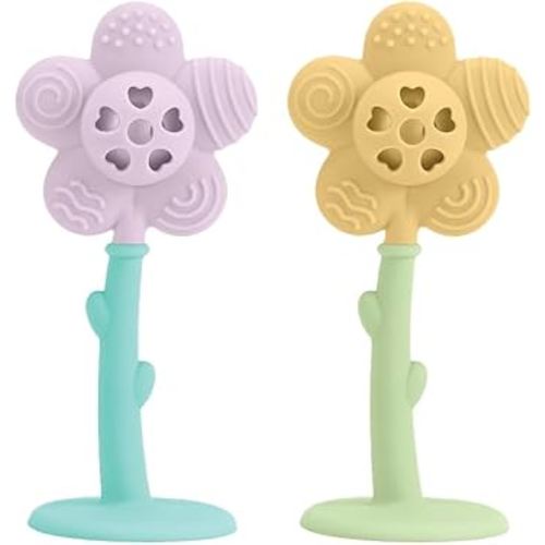 Lulyboo Flower Rattle & Teether Set for Babies - 100% Food Grade Silicone Soft Textures, Gentle Gum Massage, Lightweight Built-in Rattle, Easy-Hold Stem, Age 0+, Durable & Easy-Clean, Soothing Comfort