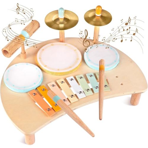 Toddlers Drum Set Toys for Toddlers 1-3,Baby Drum with Xylophone,Musical Instruments Toy, Kids Wooden Montessori Toys Birthday Gift for Boys Girls