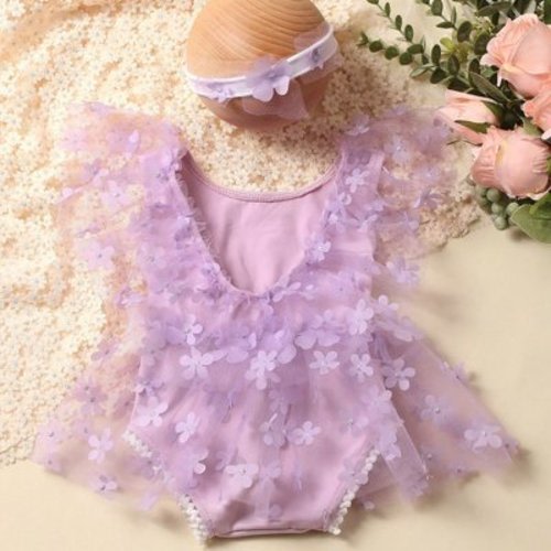 2 Pieces Set Newborn Girl Photography Outfits Embroidery Flower Romper with Headband Baby Photo Shooting Clothes Lavender 0-1Month