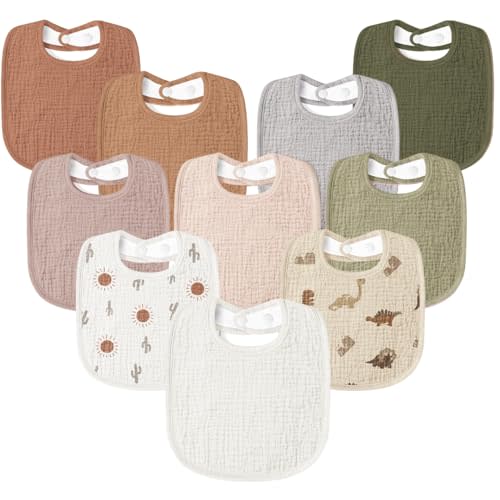 Susurration Muslin Baby Drool Bibs 10Pack Soft Square Adjustable Bandana Bibs for Unisex Baby Girls & Boys