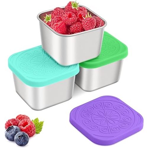Stainless Steel Snack Containers for Kids,7.2oz Easy Open Leak Proof Reusable Snack Box Container with Lids,Small Lunch Containers for Meal Prep,School,Picnic and Travel-3Pack