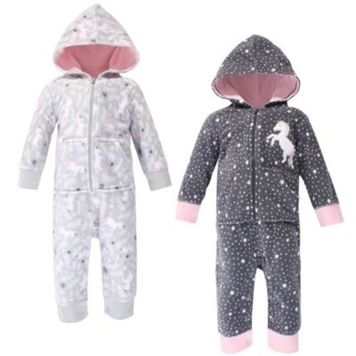 Hudson Baby Infant Girl Fleece Jumpsuits, Coveralls, And Playsuits 2pk, Whimsical Unicorn, 3-6 Months