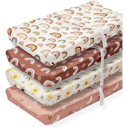 4 Pack Boho Nursery Sheets - Sunshine and Rainbow Design, Neutral Unisex Fitted Baby Changing Pad Cover Sheets for Baby Boys or Girls