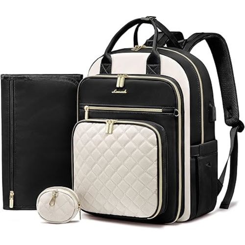 LOVEVOOK Baby Diaper Bag,Waterproof Diaper Backpack with USB Charging Port for Baby, Large Capacity Fit for 15.6 inch Laptop, Black White
