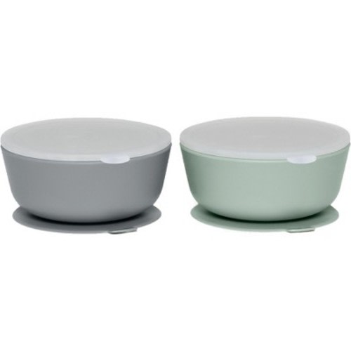 Weesprout Suction Bowls for Baby & Toddlers, 100% Silicone with Plastic Lid, 12 oz - Muted Dark Gray + Muted Green, Set of 2
