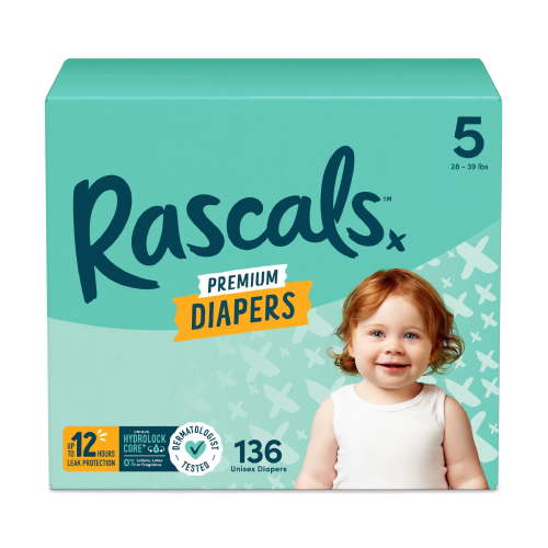 Rascals Premium Absorbent Baby Diapers Size 5, 136 Count