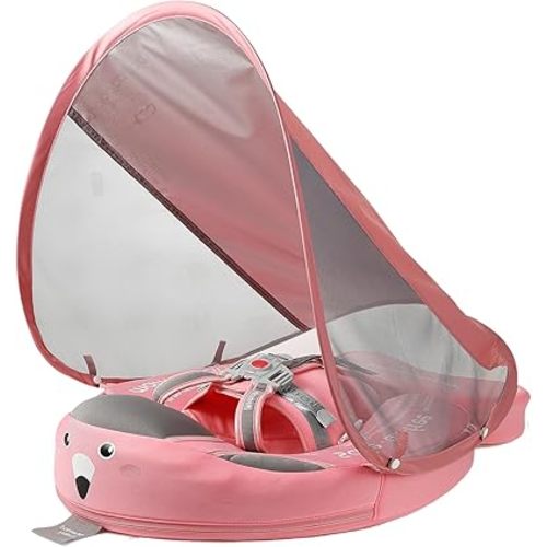 Mambobaby Float Baby Pool Float with Canopy Non-Inflatable Baby Swim Float Swimming Ring Add Tail Never Flip Over for Infant 3-24 Months, Pink