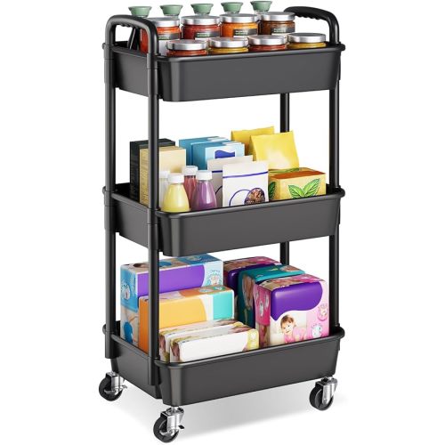 3 Tier Plastic Rolling Cart with Wheels, Black Three Tiered Snack Carts Organizer on Lockable Wheels, Utility Storage Trolley for Diaper Caddy, Craft, Art, Nail, Cleaning Supplies, Book, Baby Nursery