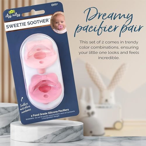 Itzy Ritzy Silicone Pacifiers for Newborn - Sweetie Soother Pacifiers Feature Collapsible Handle & Two Air Holes for Added Safety; for Ages Newborn and Up, Set of 2 in Light Pink & Dark Pink