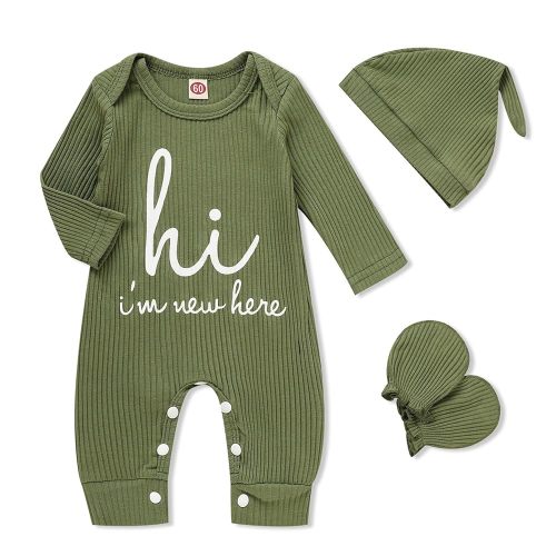 GRNSHTS Newborn Baby Boy Romper Coming Home Outfits Letter Print Bodysuit Jumpsuit+Hat+Gloves 3PCS Clothes Set