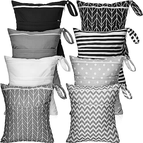 Windyun 8 Pack Wet Dry Bags for Baby Cloth Diapers Wet Bags with Handle Waterproof Reusable Travel Laundry Bag with 2 Zippered Pockets for Swimsuit Beach Pool Daycare Yoga Gym Dirty Wet Clothes