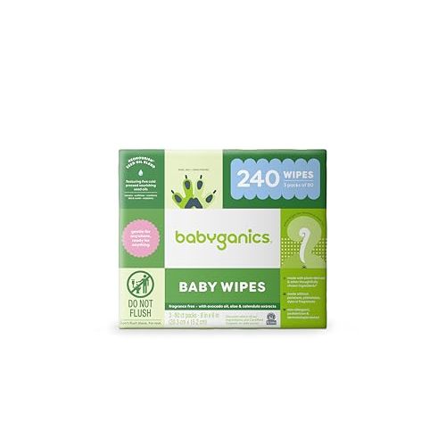 Babyganics Baby Wipes, Unscented Diaper Wipes, 240 Count, (3 Packs of 80), Non-Allergenic and formulated with Plant Derived Ingredients