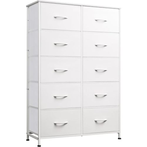 WLIVE Fabric Dresser for Bedroom with 10 Drawers, Tall Chest of Drawers, White Dressers Bedroom Furniture, Storage Organizer Unit with Bins for Closet, Hallway, Living Room, Entryway