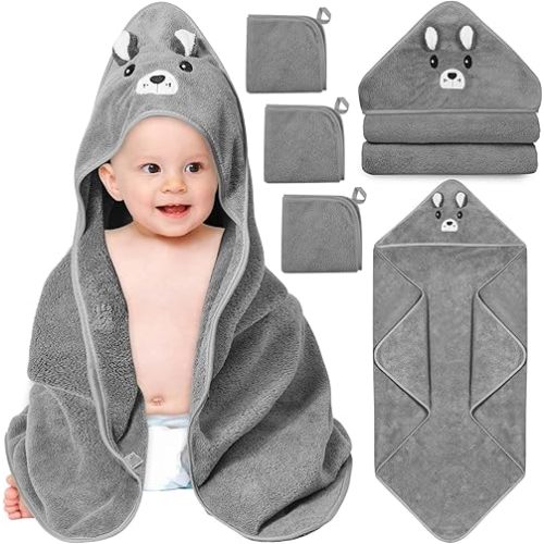 4 PCS Hooded Baby Towels, Soft Baby Towel, Absorbent Baby Bath Towel, Baby Towels and 3 PCS Baby Washcloths for Newborns, Toddlers, and Kids, 32x32 in Baby Towel with Hood for Boy and Girl (Gray Bear)