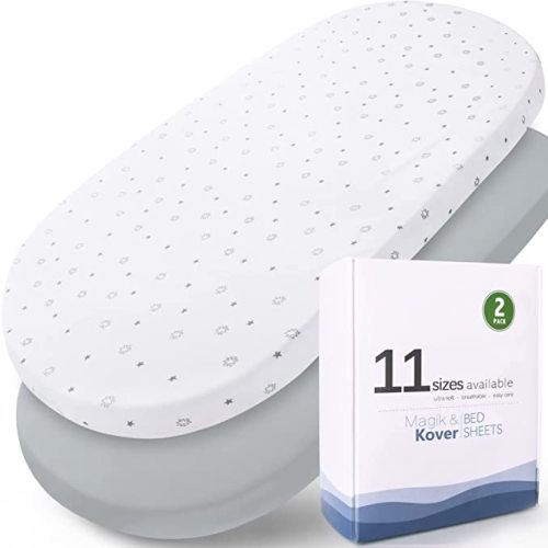 Bassinet Sheets 2 Pack, Fit for UPPAbaby, SNOO, Chicco LullaGo Anywhere, Baby Delight Snuggle Nest Bassinet & 13" x 30" Mattress Pad, Baby Boy/Girl, Ultra Soft & Stretchy,Grey & White Star - 13"×30"