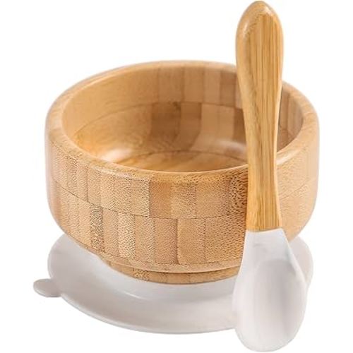Baby Bamboo Bowls with Suction and Matching Spoon Set - 2PC Feeding Supplies Set for Infant, Toddlers - Detachable Silicone Suction Stay Put Base for Wooden Bowl - BPA Free (Marble)