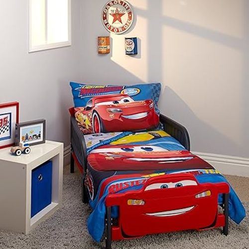 Disney Cars Rusteze Racing Team 4 Piece Toddler Bedding Set, Blue/Red/Yellow/White