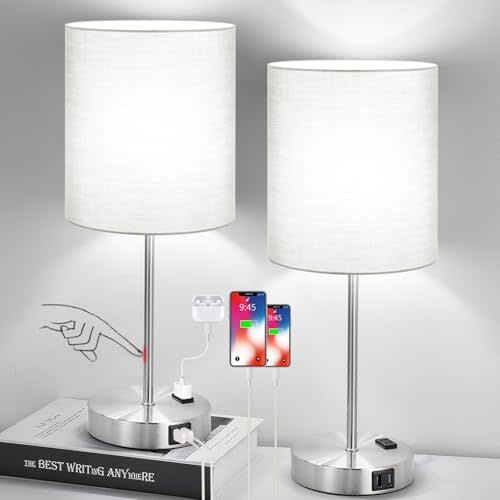 Set of 2 Touch Grey Table Lamps with 2 USB Ports & AC Outlet, 3-Way Dimmable Bedside Nightstand Lamps for Bedroom Living Room Nursery, 800 Lumens 5000K Daylight Bulbs Included