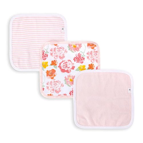 Burts Bees Baby Infant Washcloths Made of 100% Organic Cotton, Soft and Super Absorbent Knit Terry Cloths, 3-Pack Newborn Bath Essentials, Heather Gray and White Wash Cloths - Rosy Spring