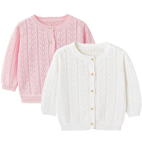 Simplee kids Baby Girl Thin Sweater Solid White Pink Cardigans for Toddler 0-3Years
