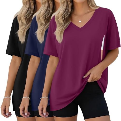 3 Pack Women's Oversize Nursing Shirts for Breastfeeding with Hidden Zippers Loose Fit Short Sleeve Maternity Tops