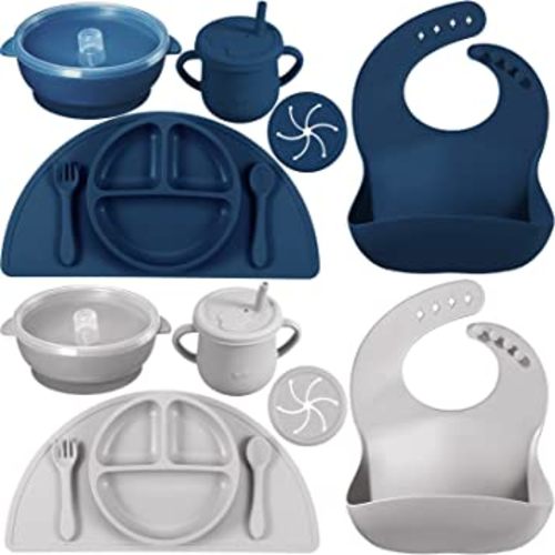16 Pack Baby Feeding Supplies Set, Silicone Baby Led Weaning Suction Plates and Bowls Silicone Bibs Anti Slip Placemat Baby Spoons Forks Snack Cups, Toddler Eating Utensil Set (Navy Blue, Light Gray)