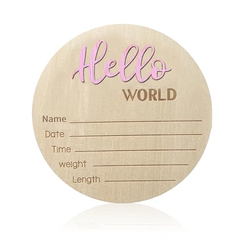 Baby Announcement Sign, 5.9 Inch Wooden Hello World Newborn Signs, Birth Announcement Sign, Baby Shower Hospital Nursery for Newborn Boys and Girls… (Light Pink)