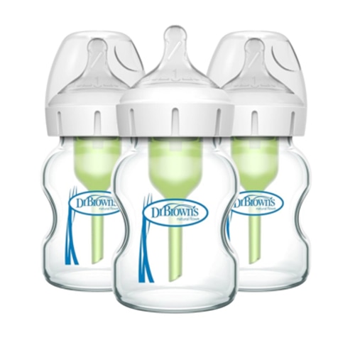 Dr. Brown's Natural Flow Anti-Colic Options+ Wide-Neck Glass Baby Bottles 5 oz/150 mL, with Level 1 Slow Flow Nipple, 3 Pack, 0m+