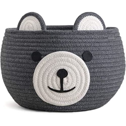 CherryNow Cute Bear Round Basket - Cotton Rope Baskets in Living Room Woven Baby Shower Basket Bedroom Storage Bakset for Children Corner Plant Basket Indoor, Grey, 10.5"D x 8.5"H