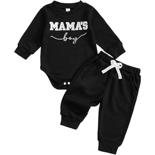 Kupretty Baby Boy Clothes 3 6 12 18 Months Fall Winter Outfit Mama's Boy Embroidery Waffle Long Sleeve Romper Pants Set