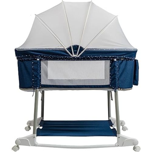 Multi Function Baby Crib Bedside Sleeper Newborn Rocking Bassinet for Infant and Toddler with Wheel Base Portable and Adjustable(Navy Blue)
