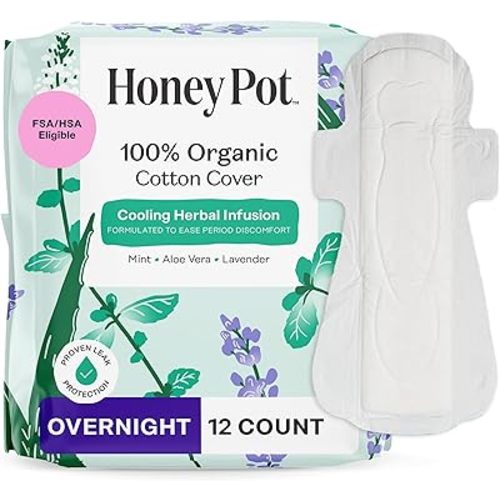 The Honey Pot Company - Herbal Pads for Women - Overnight w/Wings - Infused w/Essential Oils for Cooling Effect & Organic Cotton Cover - Feminine Care - 12 ct