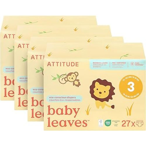 ATTITUDE Eco-Conscious Disposable Diapers, EWG Verified, Size 3 (13-22 lbs), Ultra Absorbent for Baby, Vegan & Plant-Based, 27 Count (Pack of 4)
