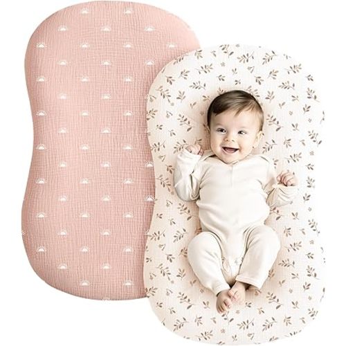 Konssy Muslin Baby Lounger Cover 2 Pack, 100% Cotton Newborn Lounger Cover, Soft and Breathable Lounger Cover for Boys Girls, Covers Only (Pink Sun,Khaki Leaf)
